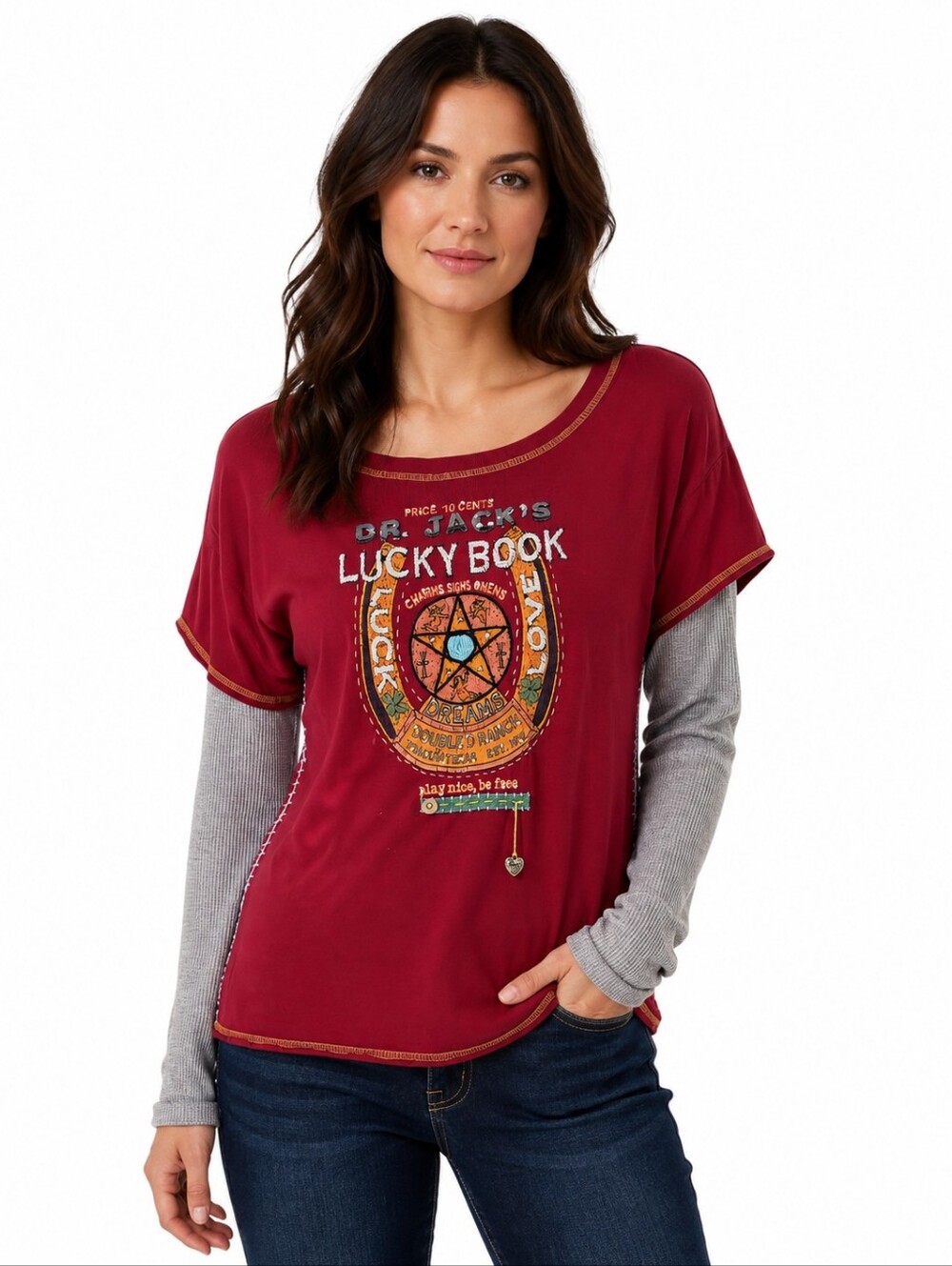 Double D Ranch Dr Jack's Lucky Book Top XL Red Embroidered Western